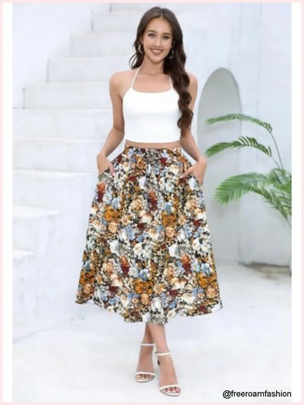 Floral Maxi Skirt with Pockets, Midi Length, A-Line, Flowy